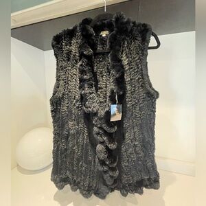 $400 Mitchies luxe Black Rabbit Fur Vest ball fringe Collar w/Hooks sz Medium